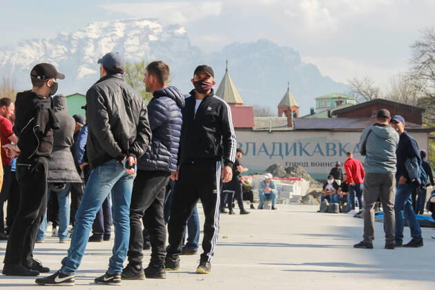VLADIKAVKAZ, RUSSIA - APRIL 20, 2020: A rally against the self-isolation order takes place in Svobody Square in front of the Palace of Justice. Non-working period was expanded in the Republic of North Ossetia till April 30, 2020 to prevent the spread of the novel coronavirus. Olga Smolskaya TASS  TS0D67B9