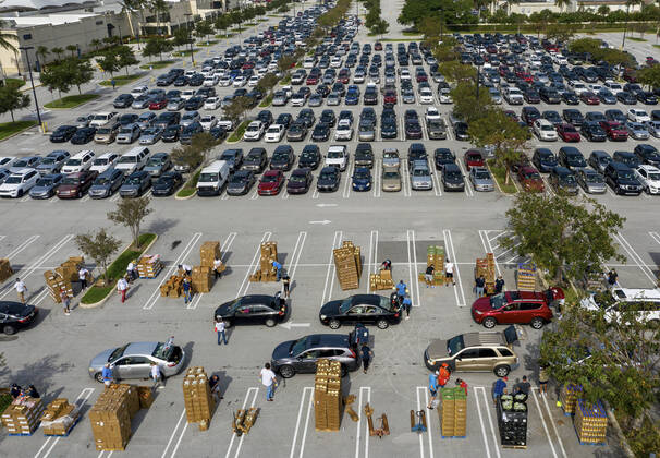 April 20, 2020, West Palm Beach, Florida, U.S: Cars line up at a drive-up food distribution center in the parking lot of the Palm Beach Outlets. People receive a one-week supply of a protein, fresh produce, eggs, milk, and other essential goods. The donations are limited to 800 cars on a first come first serve basis every Monday. Palm Beach Outlets partnered with Feeding South Florida to help those struggling during the coronavirus pandemic. West Palm Beach U.S - ZUMAl145 20200420_zap_l145_006 Copyright: xGreggxLovettx