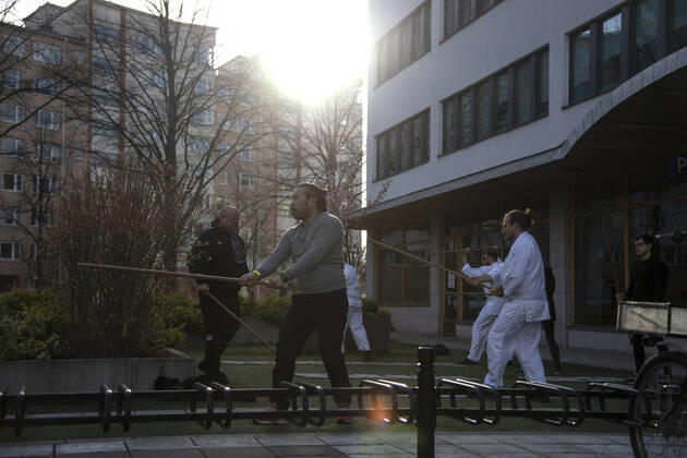 People practice Aikido outside their club studio, amid the coronavirus disease COVID 19 outbreak, in central Stockholm, Sweden, on April 20, 2020 Stockholm SWEDEN x10040x,  Copyright: xAndersxWiklund TTx SWEDEN DAILY LIFE CORONA