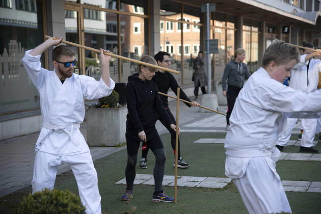 People practice Aikido outside their club studio, amid the coronavirus disease COVID 19 outbreak, in central Stockholm, Sweden, on April 20, 2020 Stockholm SWEDEN x10040x,  Copyright: xAndersxWiklund TTx SWEDEN DAILY LIFE CORONA