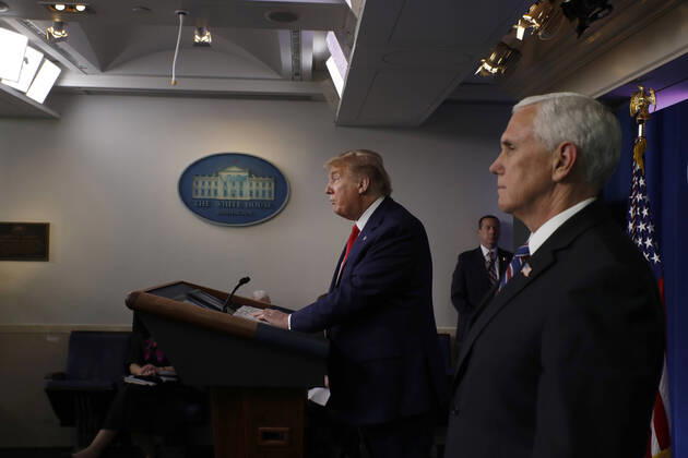 April 20, 2020, Washington, District of Columbia, USA: United States President Donald J. Trump speaks during a news conference at the White House in Washington D.C., U.S. on Monday, April 20, 2020. At right is US Vice President Mike Pence Washington USA - ZUMAs152 20200420_zaa_s152_010 Copyright: xTasosxKatopodisx