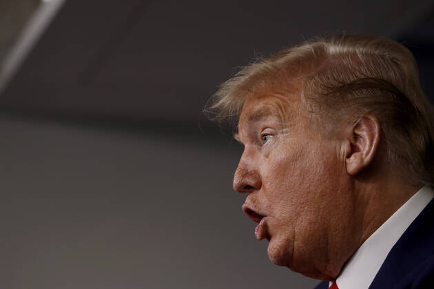 April 20, 2020, Washington, District of Columbia, USA: United States President Donald J. Trump speaks during a news conference at the White House in Washington D.C., U.S. on Monday, April 20, 2020. .Credit: Pool via CNP Washington USA - ZUMAs152 20200420_zaa_s152_013 Copyright: xTasosxKatopodisx