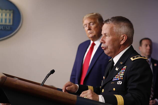 April 20, 2020, Washington, District of Columbia, USA: Lieutenant General Todd Semonite, chief of engineers and commanding general of the U.S. Army Corps of Engineers, speaks during a news conference at the White House in Washington D.C., U.S. on Monday, April 20, 2020. .Credit: Pool via CNP Washington USA - ZUMAs152 20200420_zaa_s152_017 Copyright: xTasosxKatopodisx