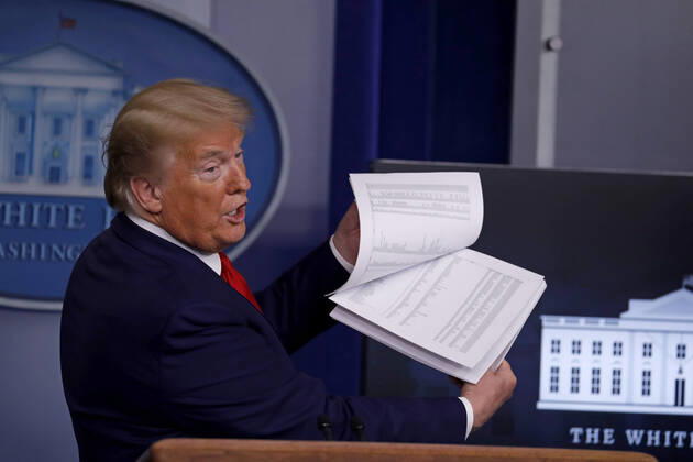 News Bilder des Tages April 20, 2020, Washington, District of Columbia, USA: United States President Donald J. Trump speaks during a news conference at the White House in Washington D.C., U.S. on Monday, April 20, 2020. .Credit: Pool via CNP Washington USA - ZUMAs152 20200420_zaa_s152_019 Copyright: xTasosxKatopodisx