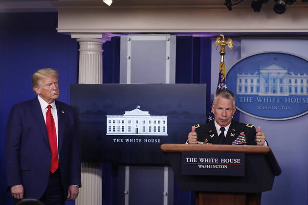 April 20, 2020, Washington, District of Columbia, USA: United States President Donald J. Trump listens to Lieutenant General Todd Semonite, chief of engineers and commanding general of the U.S. Army Corps of Engineers, during a news conference at the White House in Washington D.C., U.S. on Monday, April 20, 2020. .Credit: Pool via CNP Washington USA - ZUMAs152 20200420_zaa_s152_022 Copyright: xTasosxKatopodisx