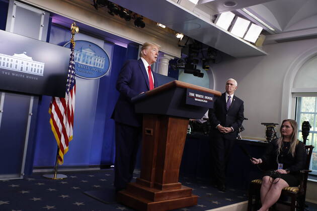 April 20, 2020, Washington, District of Columbia, USA: United States President Donald J. Trump speaks during a news conference at the White House in Washington D.C., U.S. on Monday, April 20, 2020. US Vice President Mike Pence looks on Washington USA - ZUMAs152 20200420_zaa_s152_026 Copyright: xTasosxKatopodisx