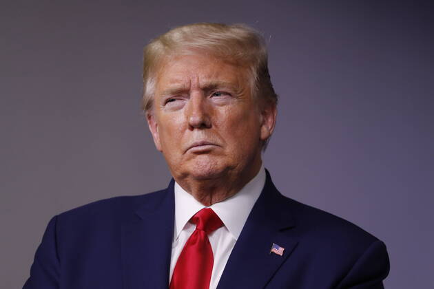 April 20, 2020, Washington, District of Columbia, USA: United States President Donald J. Trump listens during a news conference at the White House in Washington D.C., U.S. on Monday, April 20, 2020. .Credit: Pool via CNP Washington USA - ZUMAs152 20200420_zaa_s152_027 Copyright: xTasosxKatopodisx