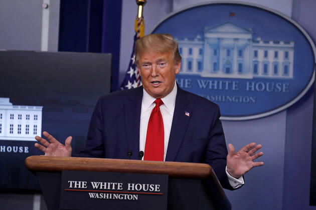 April 20, 2020, Washington, District of Columbia, USA: United States President Donald J. Trump speaks during a news conference at the White House in Washington D.C., U.S. on Monday, April 20, 2020. .Credit: Pool via CNP Washington USA - ZUMAs152 20200420_zaa_s152_036 Copyright: xTasosxKatopodisx