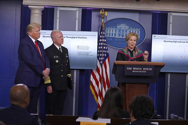 April 20, 2020, Washington, District of Columbia, USA: Dr. Deborah L. Birx, White House Coronavirus Response Coordinator, speaks during a news conference at the White House in Washington D.C., U.S. on Monday, April 20, 2020. Looking on at left is United States President Donald J. Trump and Admiral Brett Giroir, US Assistant Secretary for Health Washington USA - ZUMAs152 20200420_zaa_s152_039 Copyright: xTasosxKatopodisx