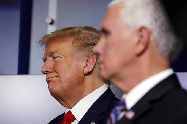 April 20, 2020, Washington, District of Columbia, USA: United States President Donald J. Trump listens during a news conference at the White House in Washington D.C., U.S. on Monday, April 20, 2020. .Credit: Pool via CNP Washington USA - ZUMAs152 20200420_zaa_s152_043 Copyright: xTasosxKatopodisx