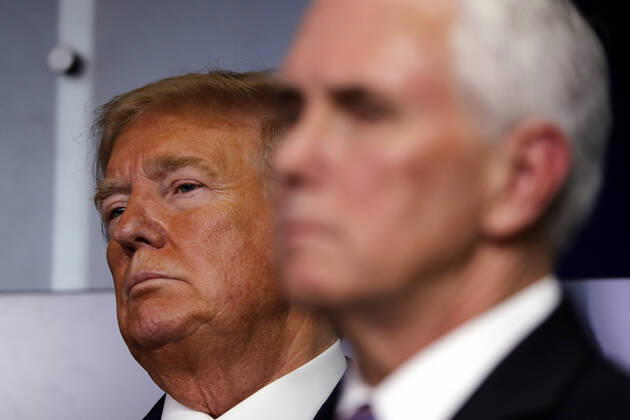 April 20, 2020, Washington, District of Columbia, USA: United States President Donald J. Trump listens during a news conference at the White House in Washington D.C., U.S. on Monday, April 20, 2020. .Credit: Pool via CNP Washington USA - ZUMAs152 20200420_zaa_s152_044 Copyright: xTasosxKatopodisx