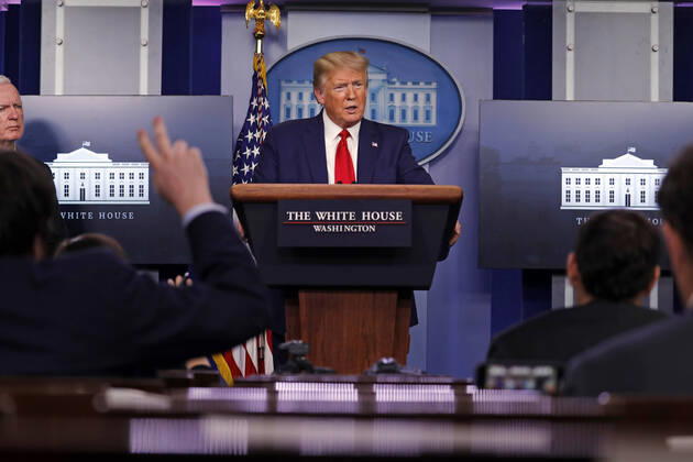 April 20, 2020, Washington, District of Columbia, USA: United States President Donald J. Trump speaks during a news conference at the White House in Washington D.C., U.S. on Monday, April 20, 2020. .Credit: Pool via CNP Washington USA - ZUMAs152 20200420_zaa_s152_045 Copyright: xTasosxKatopodisx