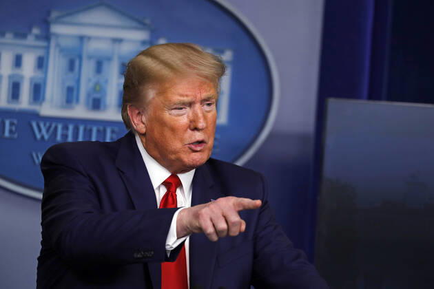 April 20, 2020, Washington, District of Columbia, USA: United States President Donald J. Trump speaks during a news conference at the White House in Washington D.C., U.S. on Monday, April 20, 2020. .Credit: Pool via CNP Washington USA - ZUMAs152 20200420_zaa_s152_046 Copyright: xTasosxKatopodisx