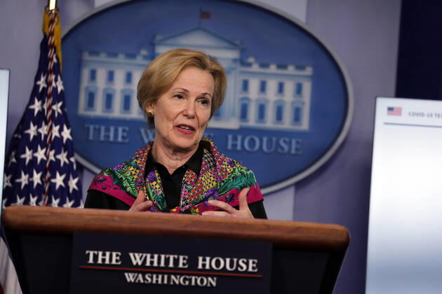 April 20, 2020, Washington, District of Columbia, USA: Dr. Deborah L. Birx, White House Coronavirus Response Coordinator, speaks during a news conference at the White House in Washington D.C., U.S. on Monday, April 20, 2020. .Credit: Pool via CNP Washington USA - ZUMAs152 20200420_zaa_s152_047 Copyright: xTasosxKatopodisx