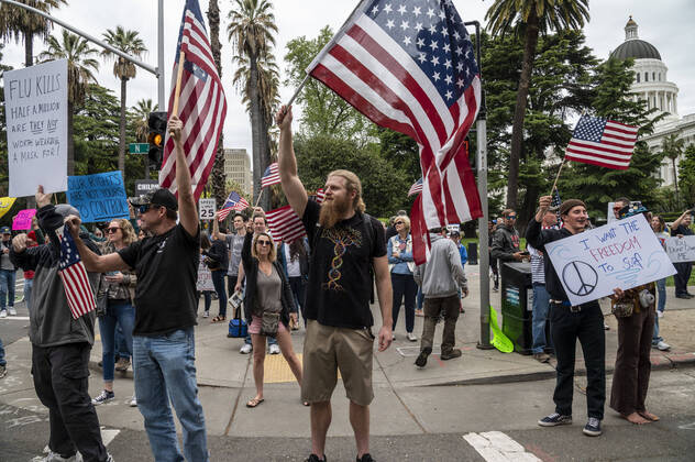 April 21, 2019, Sacramento, California, USA: Demonstrators converged on the California Capitol in Sacramento on Monday, April 20, 2020, to protest the state s stay-at-home orders to slow the spread of the coronavirus. Sacramento USA - ZUMAby1_ 20190421_zap_by1_003 Copyright: xRenÃ exC.xByerx