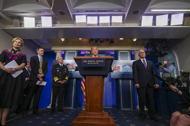 April 20, 2020, Washington, District of Columbia, USA: United States President Donald J. Trump speaks during a news conference at the White House in Washington D.C., U.S. on Monday, April 20, 2020. From left to right: Dr. Deborah L. Birx, White House Coronavirus Response Coordinator; Brad Smith, deputy administrator at the Center for Medicare & Medicaid Innovation; Admiral Brett Giroir, United States Assistant Secretary for Health; President President Donald J. Trump; and United States Vice President Mike Pence Washington USA - ZUMAs152 20200420_zaa_s152_048 Copyright: xTasosxKatopodisx