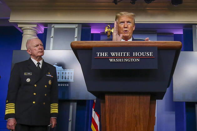 April 20, 2020, Washington, District of Columbia, USA: United States President Donald J. Trump speaks during a news conference at the White House in Washington D.C., U.S. on Monday, April 20, 2020. Looking on at left is Admiral Brett Giroir, United States Assistant Secretary for Health Washington USA - ZUMAs152 20200420_zaa_s152_051 Copyright: xTasosxKatopodisx