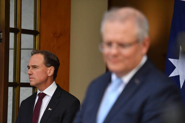 SCOTT MORRISON CORONAVIRUS UPDATE, Minister for Health Greg Hunt and Prime Minister Scott Morrison at a press conference in Canberra, Tuesday, April 21, 2020. ( NO ARCHIVING, EDITORIAL USE ONLY, NO USE IN BOOKS WITHOUT CONSENT Canberra ACT AUSTRALIA  Copyright: xMICKxTSIKASx 20200421001464521542
