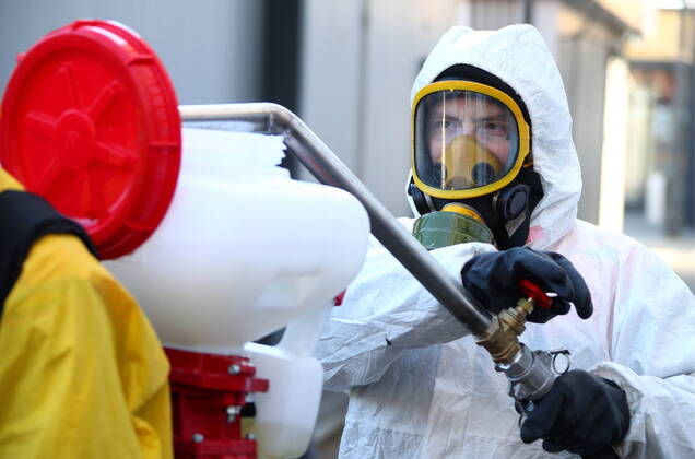 MOSCOW, RUSSIA - APRIL 21, 2020: Disinfecting Savyolovsky Railway Station to prevent the spread of viral diseases amid the COVID-19 coronavirus pandemic. Valery Sharifulin TASS  TS0D681A