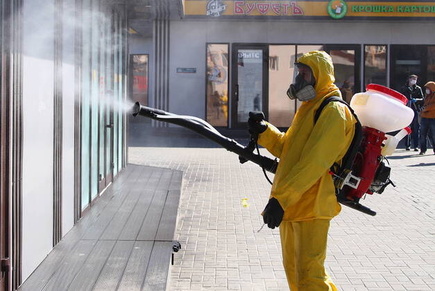 MOSCOW, RUSSIA - APRIL 21, 2020: Disinfecting Savyolovsky Railway Station to prevent the spread of viral diseases amid the COVID-19 coronavirus pandemic. Valery Sharifulin TASS  TS0D6823