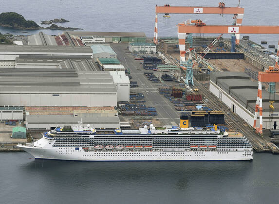 New coronavirus Photo taken from a Kyodo News helicopter on April 21, 2020, shows the Costa Atlantica cruise ship anchored at a port in Nagasaki, southwestern Japan. Testing continues after a novel coronavirus infection was confirmed the previous day on the vessel that docked at the port Jan. 29, carrying 623 crew members and no passengers. 