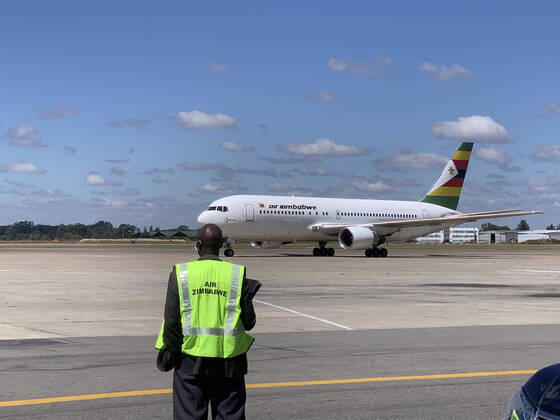 (200421) -- HARARE, April 21, 2020 (Xinhua) -- A charter flight loaded with medical supplies and equipment arrives at Robert Gabriel Mugabe International Airport in Harare, Zimbabwe, April 20, 2020. Zimbabwe on Monday took delivery of a huge consignment of medical supplies and equipment sourced from China for use in the ongoing fight against the coronavirus pandemic. (Photo by Zhou Xuegong Xinhua) ZIMBABWE-HARARE-MEDICAL SUPPLIES 