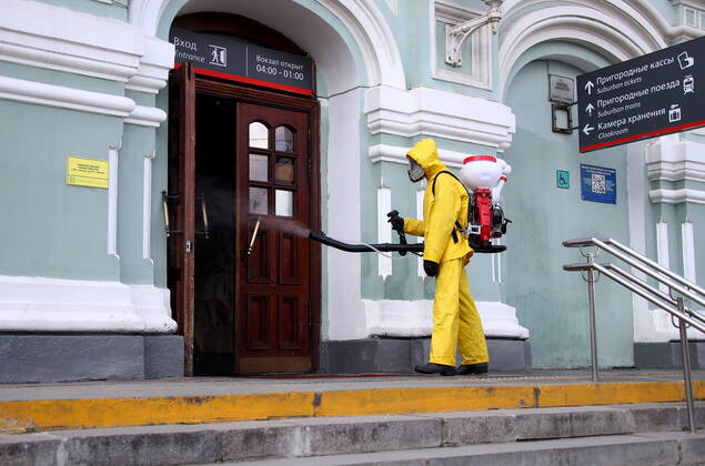 MOSCOW, RUSSIA - APRIL 21, 2020: Disinfecting Rizhsky Railway Station to prevent the spread of viral diseases amid the COVID-19 coronavirus pandemic. Valery Sharifulin TASS  TS0D6840