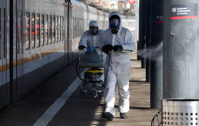 MOSCOW, RUSSIA - APRIL 21, 2020: Disinfecting Savyolovsky Railway Station to prevent the spread of viral diseases amid the COVID-19 coronavirus pandemic. Valery Sharifulin TASS  TS0D6853