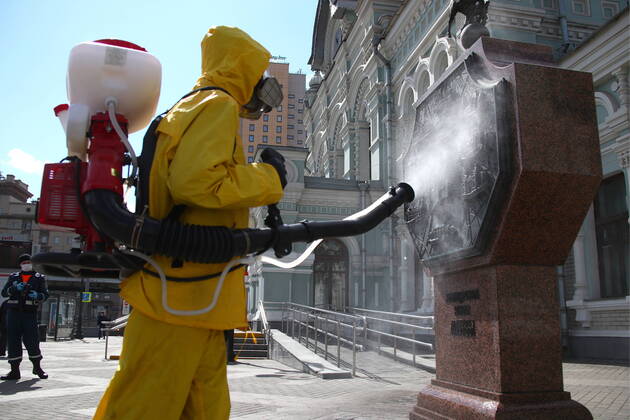 MOSCOW, RUSSIA - APRIL 21, 2020: Disinfecting Rizhsky Railway Station to prevent the spread of viral diseases amid the COVID-19 coronavirus pandemic. Valery Sharifulin TASS  TS0D6856