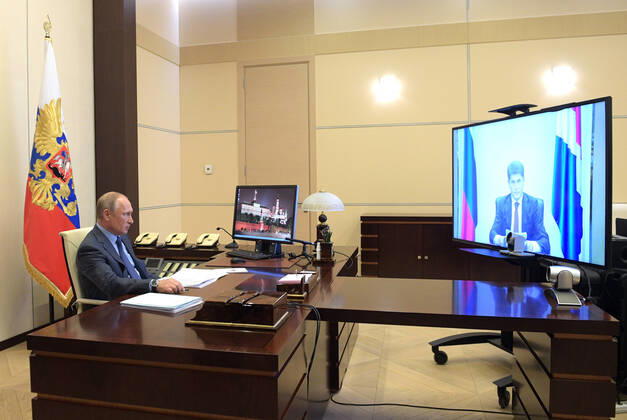 MOSCOW REGION, RUSSIA - APRIL 21, 2020: Russia s President Vladimir Putin during a video conference meeting with Primorye Territory Governor Oleg Kozhemyako at Novo-Ogaryovo residence. Alexei Druzhinin Russian Presidential Press and Information Office TASS  TS0D68CA