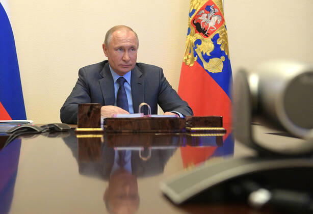 MOSCOW REGION, RUSSIA - APRIL 21, 2020: Russia s President Vladimir Putin during a video conference meeting with Primorye Territory Governor Oleg Kozhemyako at Novo-Ogaryovo residence. Alexei Druzhinin Russian Presidential Press and Information Office TASS  TS0D68CB