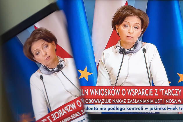 A virtual press conference of Poland s Prime Minister Mateusz Morawiecki and Ministers Jadwiga Emilewicz and Marlena Malag A virtual press conference of Poland s Prime Minister Mateusz Morawiecki and Ministers Jadwiga Emilewicz and Marlena Malag during the coronavirus outbreak on April 21, 2020 in Warsaw, Poland Marlena Malag, the Minister of Family, Labour and Social Policy 