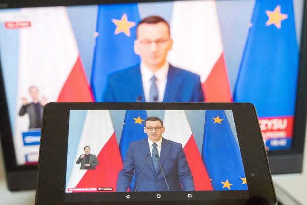 A virtual press conference of Poland s Prime Minister Mateusz Morawiecki and Ministers Jadwiga Emilewicz and Marlena Malag A virtual press conference of Poland s Prime Minister Mateusz Morawiecki and Ministers Jadwiga Emilewicz and Marlena Malag during the coronavirus outbreak on April 21, 2020 in Warsaw, Poland Poland s Prime Minister Mateusz Morawiecki 