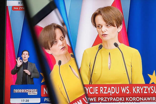 A virtual press conference of Poland s Prime Minister Mateusz Morawiecki and Ministers Jadwiga Emilewicz and Marlena Malag A virtual press conference of Poland s Prime Minister Mateusz Morawiecki and Ministers Jadwiga Emilewicz and Marlena Malag during the coronavirus outbreak on April 21, 2020 in Warsaw, Poland Jadwiga Emilewicz, the Deputy Prime Minister of Poland 
