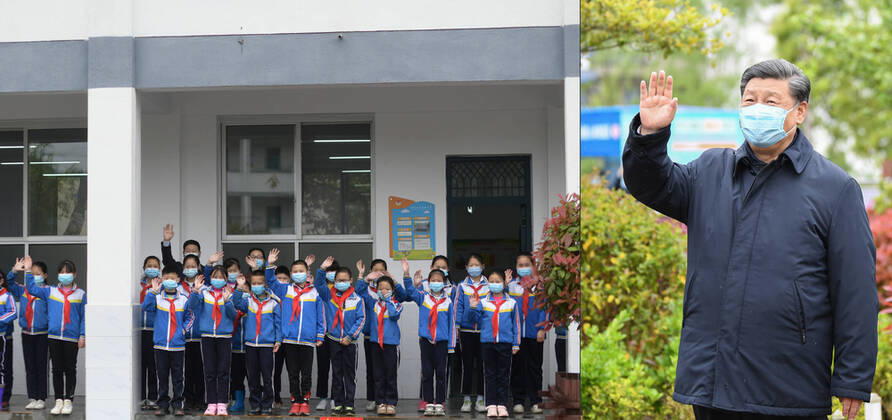 (200421) -- ANKANG, April 21, 2020 -- Combo photo shows Chinese President Xi Jinping, also general secretary of the Communist Party of China Central Committee and chairman of the Central Military Commission, waving to teachers and students during an inspection on poverty alleviation work in a primary school of Laoxian Township, Pingli County of the city of Ankang, northwest China s Shaanxi Province, April 21, 2020. ) CHINA-SHAANXI-XI JINPING-INSPECTION (CN) XiexHuanchi 