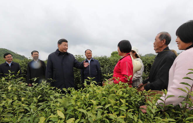(200421) -- ANKANG, April 21, 2020 -- Chinese President Xi Jinping, also general secretary of the Communist Party of China Central Committee and chairman of the Central Military Commission, inspects poverty alleviation work in a tea farm of Laoxian Township, Pingli County of the city of Ankang, northwest China s Shaanxi Province, April 21, 2020. ) CHINA-SHAANXI-XI JINPING-INSPECTION (CN) JuxPeng 