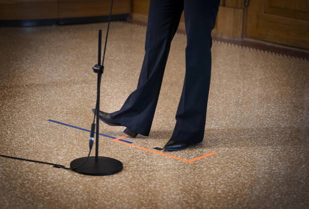 Doorstep med Statsminister Mette Frederiksen efter spoergetime i Folketinget paa Christiansborg, tirsdag den 21. april 2020. Det er statsminister Mette Frederiksens (S) foerste spoergetime siden corona-epidemien medfoerte en omfattende nedlukning af Danmark.. , Copenhagen Denmark