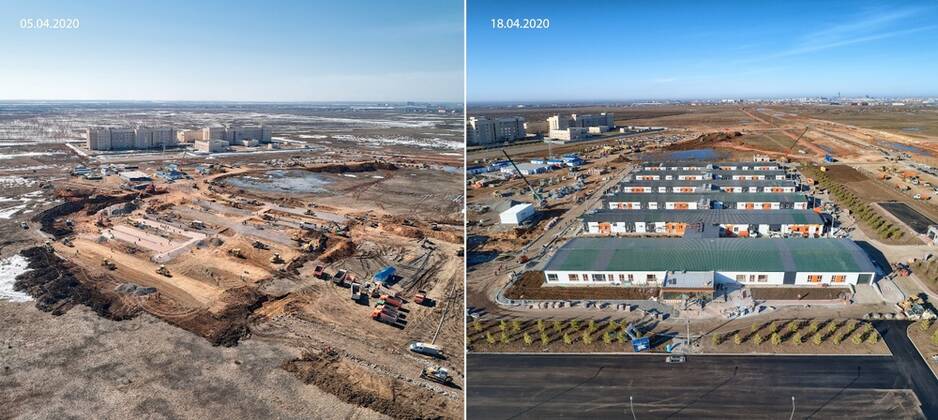 (200421) -- NUR-SULTAN, April 21, 2020 (Xinhua) -- The combo photo shows contrasting images of a makeshift hospital on April 5, 2020 (L) and April 18, 2020 in Nur-Sultan, Kazakhstan. Kazakhstan has built a makeshift hospital to treat COVID-19 patients in 13 days in Nur-Sultan, the developer BI Group announced on Tuesday. (BI Group Handout via Xinhua) KAZAKHSTAN-NUR-SULTAN-COVID-19-MAKESHIFT HOSPITAL 