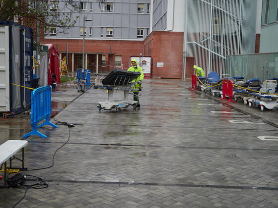 April 21, 2020, Pamplona, Navarra, SPAIN: DYA Navarra proceeds to disinfect the stretchers used by the Hospital Complex of Navarra during the Covid-19 pandemic on April 21, 2020 in Pamplona, Spain Pamplona SPAIN - ZUMAa181 20200421_zaa_a181_036 Copyright: xEduardoxSanzx