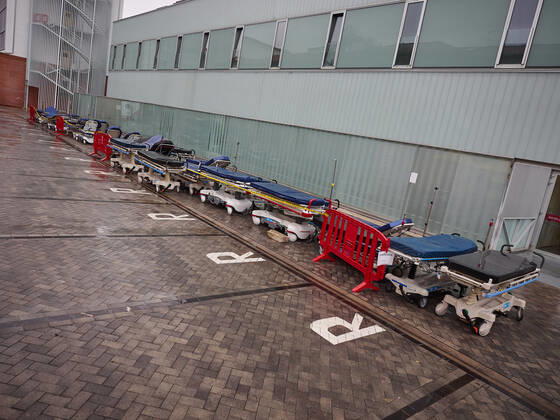 April 21, 2020, Pamplona, Navarra, SPAIN: DYA Navarra proceeds to disinfect the stretchers used by the Hospital Complex of Navarra during the Covid-19 pandemic on April 21, 2020 in Pamplona, Spain Pamplona SPAIN - ZUMAa181 20200421_zaa_a181_038 Copyright: xEduardoxSanzx