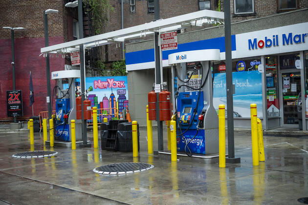 New York during the COVID-19 pandemic The rare gas station in Greenwich Village New York displays its lower gas prices on Tuesday, April 21, 2020. Global oil prices have plunged as demand slackens and supply grows. (  RichardxB.xLevine