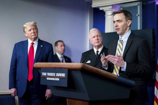 April 20, 2020, Washington, DC, United States of America: U.S. President Donald Trump. listens as Brad Smith the Director of the Center for Medicare and Medicaid Innovation delivers remarks during a coronavirus update briefing in the Briefing Room of the White House April 20, 2020 in Washington, DC. Washington United States of America - ZUMAp138 20200420_zaa_p138_019 Copyright: xTiaxDufour WhitexHousex