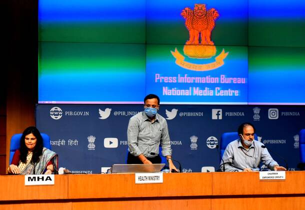 NEW DELHI, INDIA - APRIL 21: Joint secretary in the Ministry of Health & Family Welfare Lav Agarwal addresses the media on coronavirus (COVID-19) in the presence of Joint Secretary, Ministry of Home Affairs (MHA) Punya Salila Srivastava and Chairman of 4th Empowered Group Arun Kumar Panda, at National media centre on April 21, 2020 in New Delhi, India. (Photo by Sonu Mehta Hindustan Times) Press Conference Ministry Of Health And Family Welfare On Coronavirus Covid-19 Pandemic