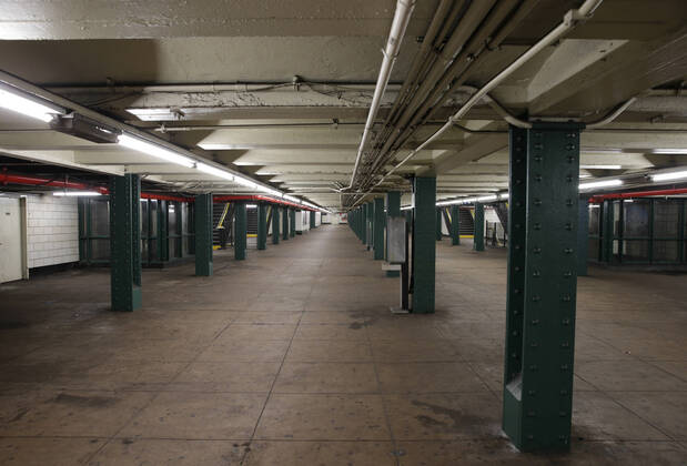 A subway station on the Lower East Side of Manhattan has almost no commuter traffic in New York City on Tuesday, April 21, 2020. An estimated 2.5 million people have been infected with the new coronavirus globally and It has killed more than 171,000 people worldwide. About 25% of those deaths have been recorded in the United States.  NYP20200421102 JOHNxANGELILLO