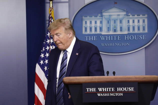 April 21, 2020, Washington, District of Columbia, USA: United States President Donald J. Trump departs following the Coronavirus Task Force press briefing at the White House in Washington on April 21, 2020. .Credit: Pool via CNP Washington USA - ZUMAs152 20200421_zaa_s152_032 Copyright: xYurixGripasx