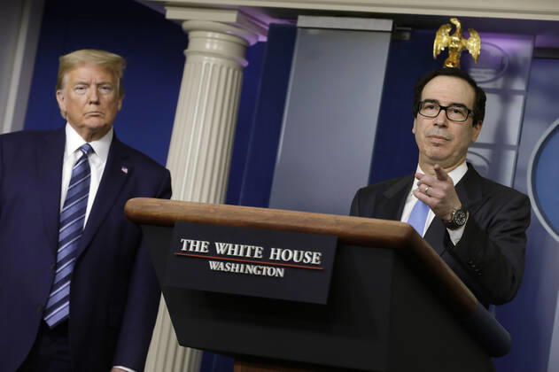 United States Secretary of the Treasury Steven T. Mnuchin speaks next to US President Donald J. Trump during the Coronavirus Task Force press briefing at the White House in Washington on April 21, 2020. Copyright: xGripasx xPoolxviaxCNPx xMediaPunchx