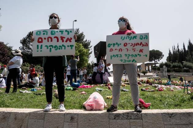 April 22, 2020, Jerusalem, Israel: Self employed teachers and caretakers of privately run preschool establishments protest outside the Israeli parliament demanding government financial assistance in light of the Coronavirus outbreak and lockdown leaving them with rent and taxes to pay but no income. Jerusalem Israel - ZUMAa126 20200422_zap_a126_004 Copyright: xNirxAlonx