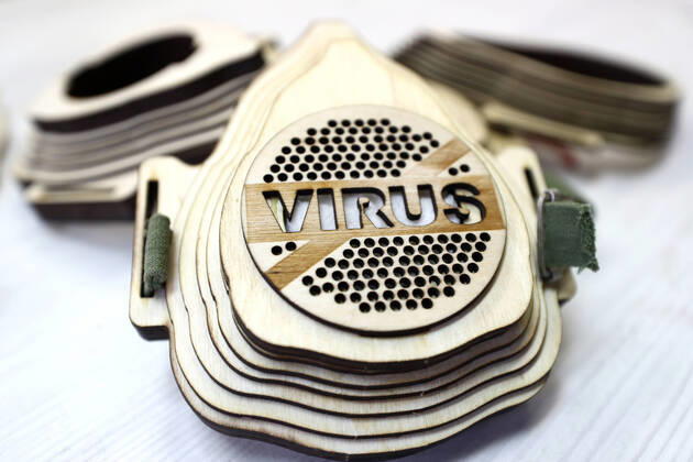 TATARSTAN, RUSSIA - APRIL 22, 2020: This image shows the reusable plywood respirator invented by Radik Guryev, a teacher at an arts and crafts centre for children and youth in the town of Mamadysh, Tatarstan, amid a shortage of conventional face masks during the pandemic of the novel coronavirus disease (COVID-19). The respirator includes a replaceable cotton pad filter. Yegor Aleyev TASS  TS0D6AA1