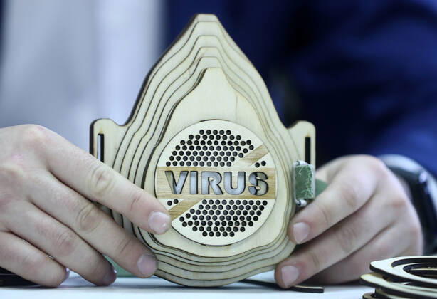 TATARSTAN, RUSSIA - APRIL 22, 2020: This image shows the reusable plywood respirator invented by Radik Guryev, a teacher at an arts and crafts centre for children and youth in the town of Mamadysh, Tatarstan, amid a shortage of conventional face masks during the pandemic of the novel coronavirus disease (COVID-19). The respirator includes a replaceable cotton pad filter. Yegor Aleyev TASS  TS0D6AA2
