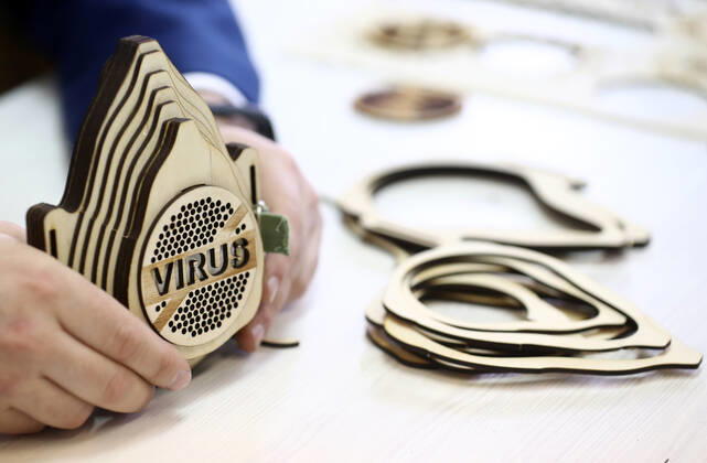 TATARSTAN, RUSSIA - APRIL 22, 2020: This image shows the reusable plywood respirator invented by Radik Guryev, a teacher at an arts and crafts centre for children and youth in the town of Mamadysh, Tatarstan, amid a shortage of conventional face masks during the pandemic of the novel coronavirus disease (COVID-19). The respirator includes a replaceable cotton pad filter. Yegor Aleyev TASS  TS0D6AA3